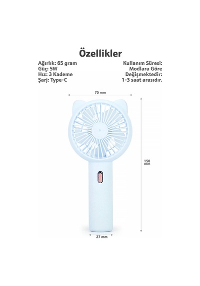 3 Modlu Şarjlı El Fanı 3 Kademe Seyahat Masaüstü Vantilatör Taşınabilir Mini Fan Mavi F136