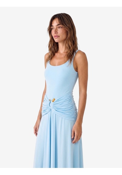 Koton Koton X Sibil Çetinkaya - Parlak Sandy Kumaş Aksesuarlı Büzgülü Slim Fit U Yaka Askılı Uzun Elbise Mavi 6sak80141fk