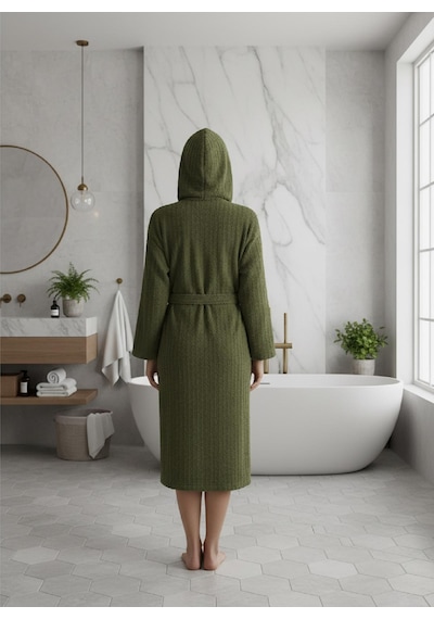 Pamuklu Kapüşonlu Unisex Bornoz Yeşil