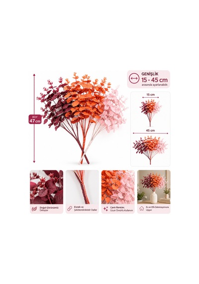 3'lü Avantajlı Yapay Okaliptus Demeti Dekoratif Çiçek 47 Cm Set Çok Renkli Çok Renkli