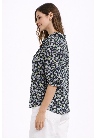 Floral Fırfırlı Düğmeli Fakir Kol Bluz Çok Renkli