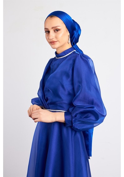 Livanomi Beli Taşlı Saks Tesettür Abiye Elbise Saks