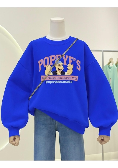 Benroma 3 İplik Penye Popeyes Baskılı Unisex Sweatshırt Saks Mavisi