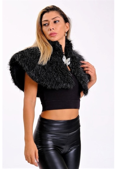 Keyifli Moda Kadın Siyah Broşlu Kürk Etol Bolero