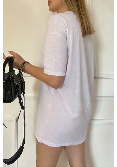 Flood Of Style Kadın Oversize Dökümlü Tok Kumaş Kısa Kollu Tişört Beyaz