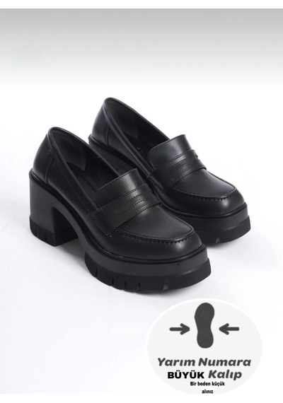 Dabab Shoes Loftıa Kadın Siyah Cilt Chunky Topuklu Loafer Siyah - Siyah