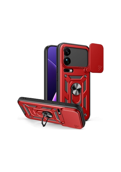 Xiaomi 17 Pro Max İle Uyumlu Kılıf Magnetik Standlı Kamera Korumalı Sürgülü Kapak Kırmızı
