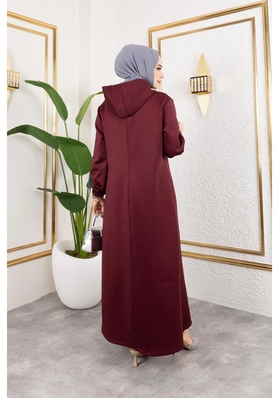 Harman Butik Kadın Cepli Kapüşonlu Zincir Detaylı Scuba Kumaş Kap Bordo Bordo