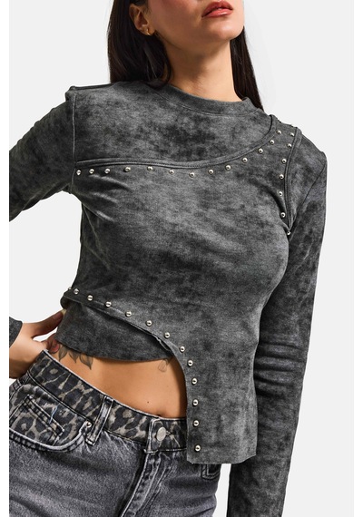it's basic Kadın Antrasit Gri W5 Asimetrik Kesim Drop Detaylı Özel Tasarım Crop Top