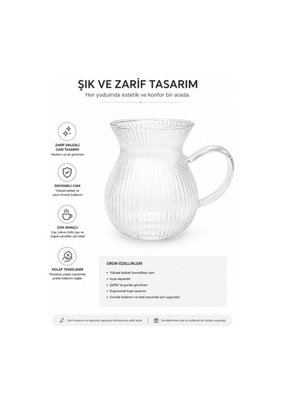 Keyfiala Isıya Dayanıklı Borosilikat Cam Çay Bardağı Şeffaf Kulplu Zarif Tasarım Çay Kahve Fincanı Şeffaff