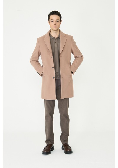 Bej Astarlı İç Cepli Kaşe Kaban Regular Fit Camel