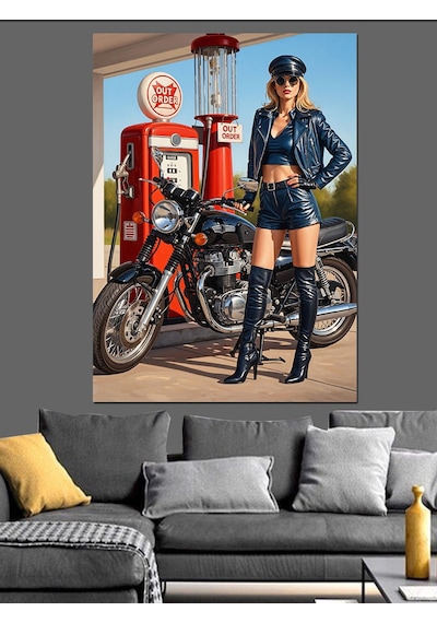 Motosikletli Pin-up Sarışın Kadın Dekoratif Kanvas - Mdf Ahşap Tablo