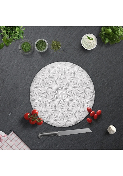 Selçuklu Motifi Desenli Cam Kesme Tahtası Çap32cm