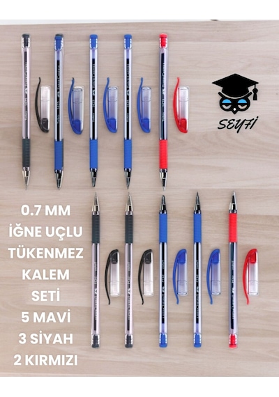 0.7 Mm İğne Uçlu Tükenmez Kalem Seti 5 Mavi 3 Siyah 2 Kırmızı 1425 Çok Renkli