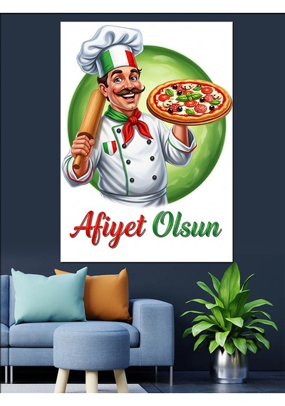 Ahşap Tablo Pizza Yapan Usta Aşçı Afiyet