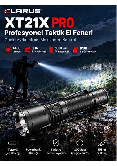 Klarus Xt21x Pro Profesyonel Taktik El Feneri-4400 Lümen Siyah