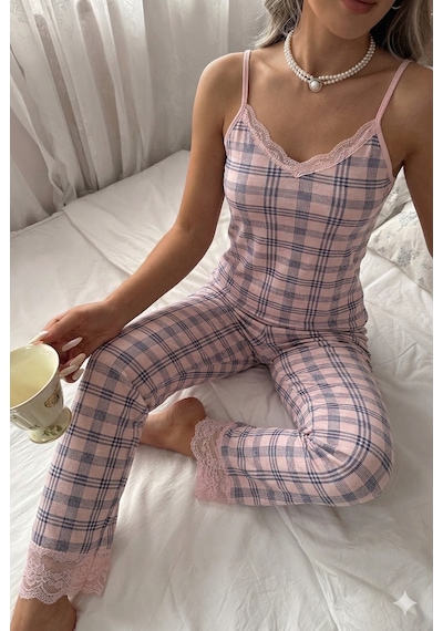 Dantel Detaylı Viscon Askılı Kadın Pijama Takımı Lacivert-pembe