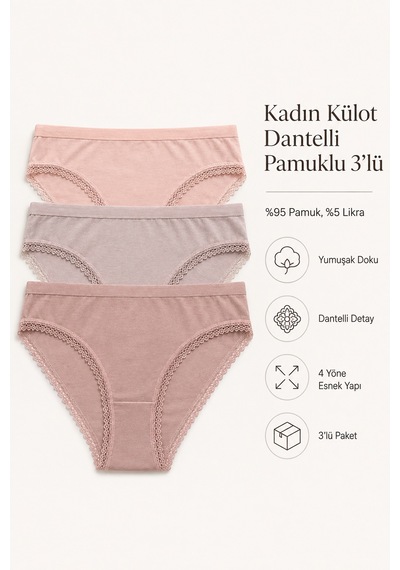 Nicoletta Kadın Külot 3 Lü Paket Likralı Dantelli Pamuklu Likrali 313011 Çok Renkli