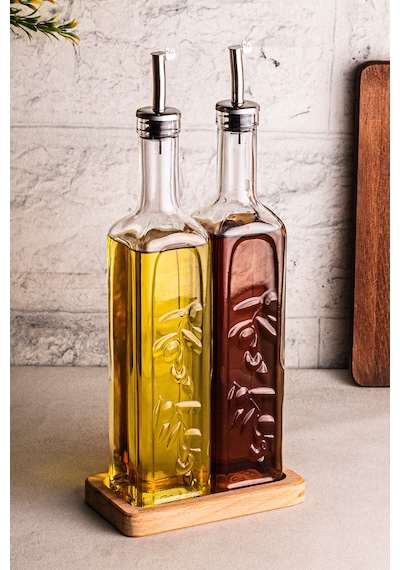 Snippy Safir - 2'li Ahşap Standlı Cam Zeytinyağı Sıvıyağ Şişesi Yağdanlık Damlatmaz Yağlık Sirkelik Soft 500ml Ahşap