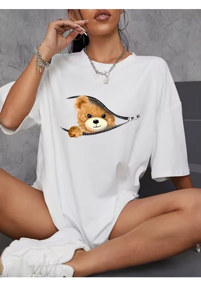 Flood Of Style Kadın Beyaz Fermuar Ayı Baskılı Oversize