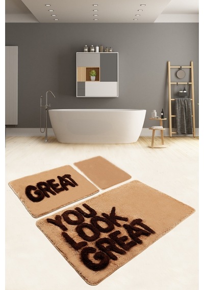 Great Kahve 3 Lu Set Yıkanabilir Banyo Halısı