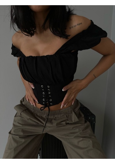 Herton Kadın Düşük Omuz Drapeli Bustiyer Bağcıklı Korse Görünümlü Şık Crop Top Çok Renkli