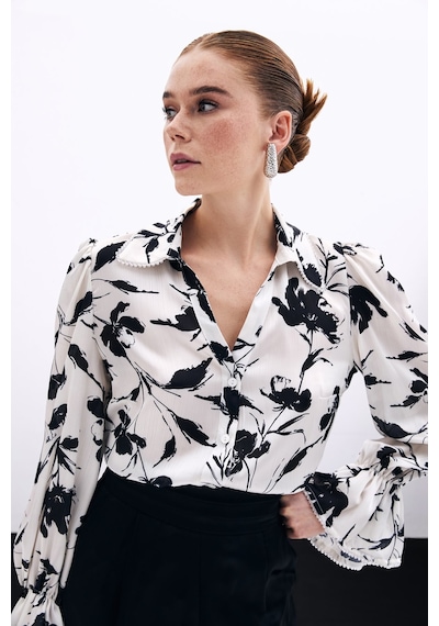 Sateen Kol Detaylı Gömlek - Ekru-135826 Ekru