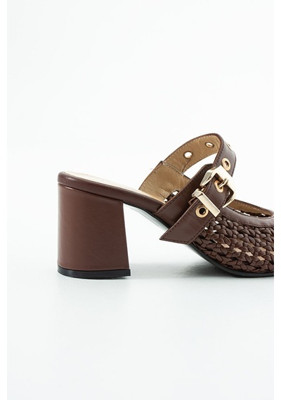 Dericia Shoes Aveline Hakiki Deri Kadın Örgülü Kalın Topuklu Terlik Kahverengi