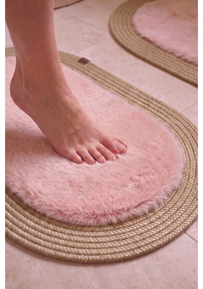 Banyo Paspası Takımı 60x100+40x60 Cm Düz Pembe & Camel