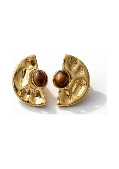 Lunarie Vintage Gold Dalgalı Yarım Ay Küpe Renkli Taşlı Çelik Kahverengi