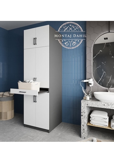 Piramit Çamaşır Ve Kurutma Makinesi Dolabı Banyo Dolabı Füme Beyaz Beyaz - Antrasit Piramit Çamaşır Ve Kurutma Makinesi Dolabı Banyo Dolabı Füme Beyaz Beyaz - Antrasit