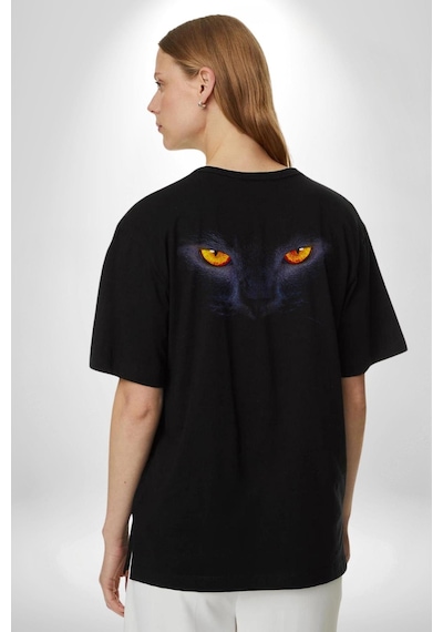 Siyah Kedi Gözler Ateş Pamuklu Unisex Oversize Sırt Dijital Baskılı Siyah T-shirt Siyah