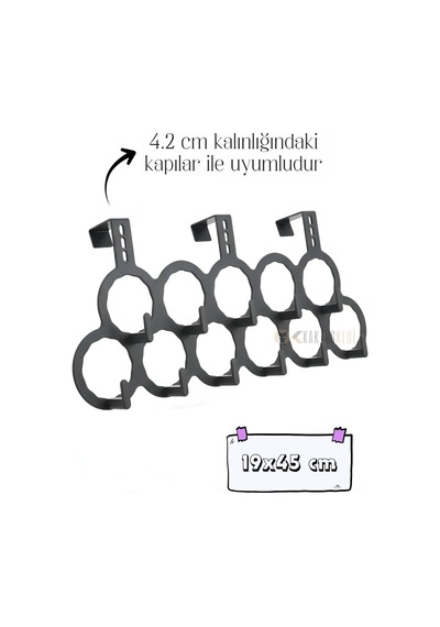 11 Kancalı Kapı Arkası Askılık, Plastik, Gri, 19x45 Cm, Kemer Çanta Eşarp İçin Çok Renkli