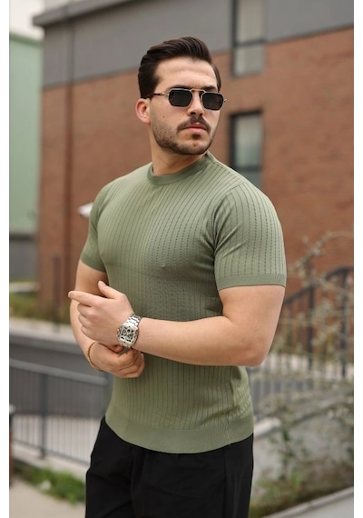 Valensdesign Erkek Fitilli Bisiklet Yaka Triko Tişört Çağla