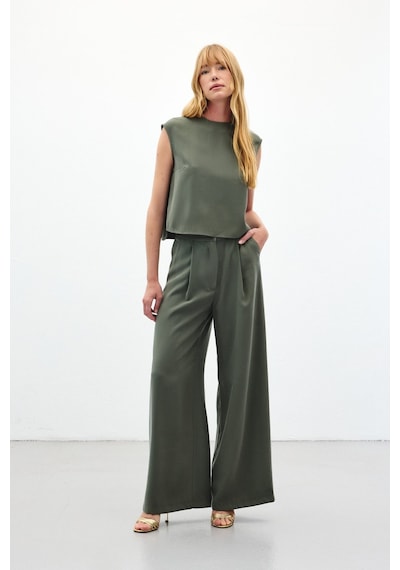 Sateen Geniş Paça Pantolon - Haki-136454 Haki
