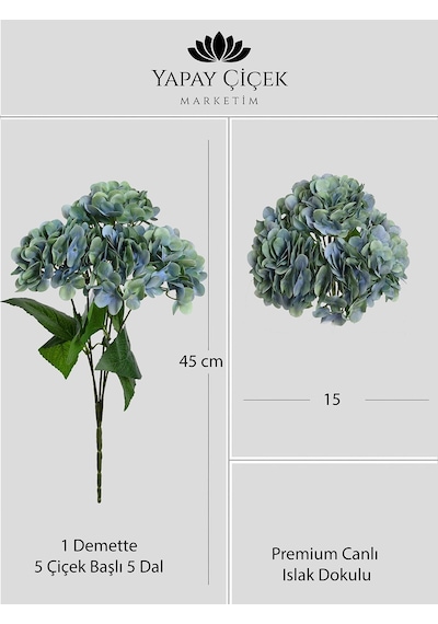 Yeşil Yapay Ortanca Çiçeği 5 Dallı Premium Canlı Islak Dokulu 42 Cm
