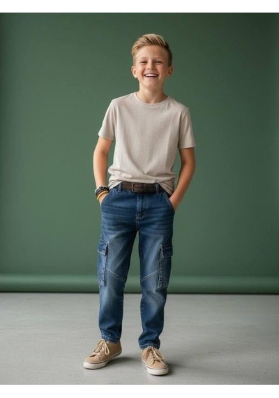Zekids Erkek Çocuk Kargo Cepli Beli Lastikli Denim Pantolon-16638 Renkli