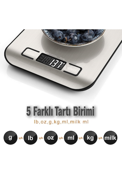 Orret Home Dijital Mutfak Terazisi Paslanmaz Çelik Yüzeyli Hassas Tartı, 5 Kg Kapasiteli, Dara Özellikli, Lcd Ekranlı, 5 Birim Dönüşümlü, Pilli,dijital Tartı Sku: Smg8690010520906 12v