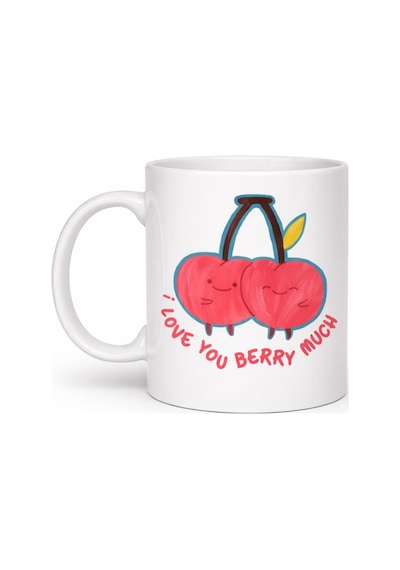 I Love You Berry Much Tasarımlı Kupa Model 12 Sevimli Kiraz Desenli Porselen Kahve Kupası -  F