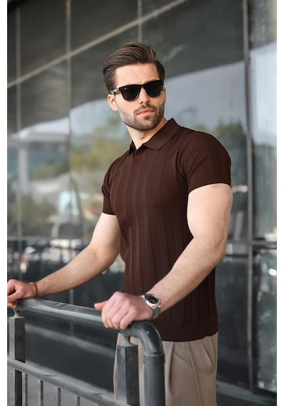 Madmext Kahverengi Slim Fit Polo Yaka Triko Erkek Tişört E7491