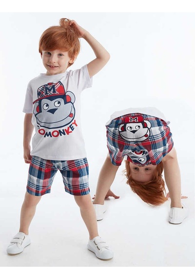 Denokids Monkey Ekose Erkek Çocuk Şort Takım-beyaz Beyaz