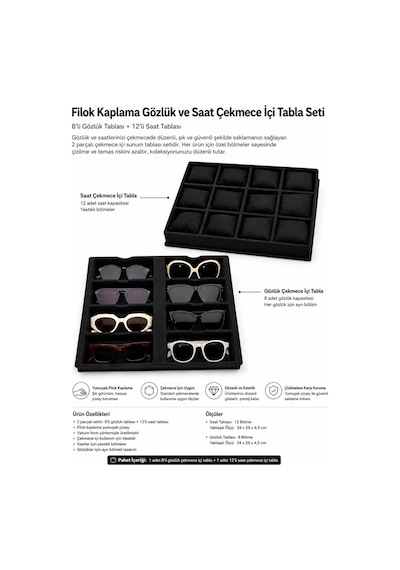 Filok Kaplama Gözlük Ve Saat Çekmece İçi Tabla Seti Siyah