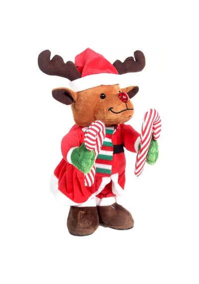 Yılbaşı Bastonlu Dans Eden Pilli Peluş Ren Geyiği - 30 Cm