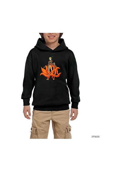 Zepplin Giyim Naruto Kyubie Siyah Çocuk Kapşonlu Sweatshirt