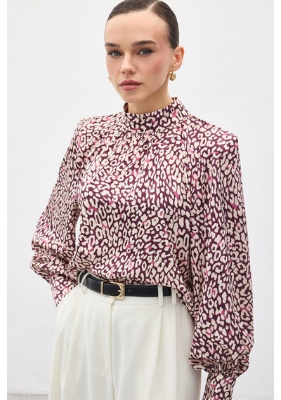 Sateen Desenli Bluz - Mürdüm-137130 Mürdüm