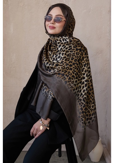 Miorel Scarfs Leopar Desen Vual İpek Şal Fular Silk Scarfs Shawl Hijab Kahve Kenar