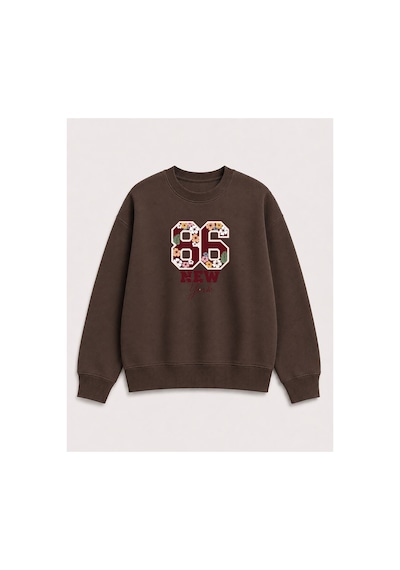 Herkesemoda Rakam Ve Çiçekler Baskı Detaylı Bisiklet Yaka Şardonlu 2 İplik Sweatshirt Kahverengi
