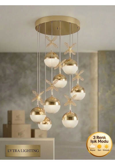 Kelebek Model 8'li Gold 3 Renk Modu Ledli Kristal Taşlı Modern Salon Mutfak Oturma Odası Led Avize Altın