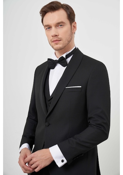 Morven Erkek Siyah Poliviskon Ceromonia Santorini Slim Fit Şal Yaka Damatlık Siyah