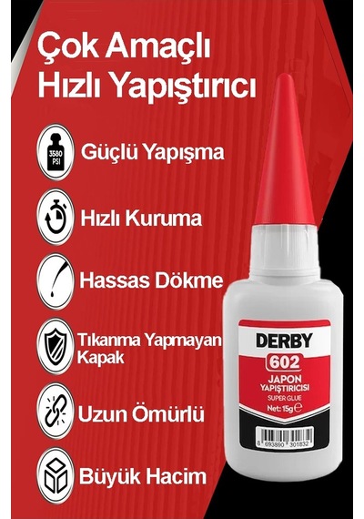 Derby 602 Japon Yapıştırıcı 15 Gr 2 Adet Yüksek Yapıştırma Gücü Tek Bileşenli Düşük Viskozite Güçlü Yapıştırıcı 15gr